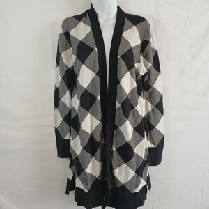 Land's End womens duster black whit front check open Sz M casual cabin work wear